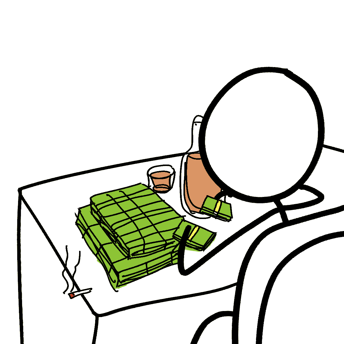 Stickman at a desk with stacks of green cash, a glass and a lit cigarette
