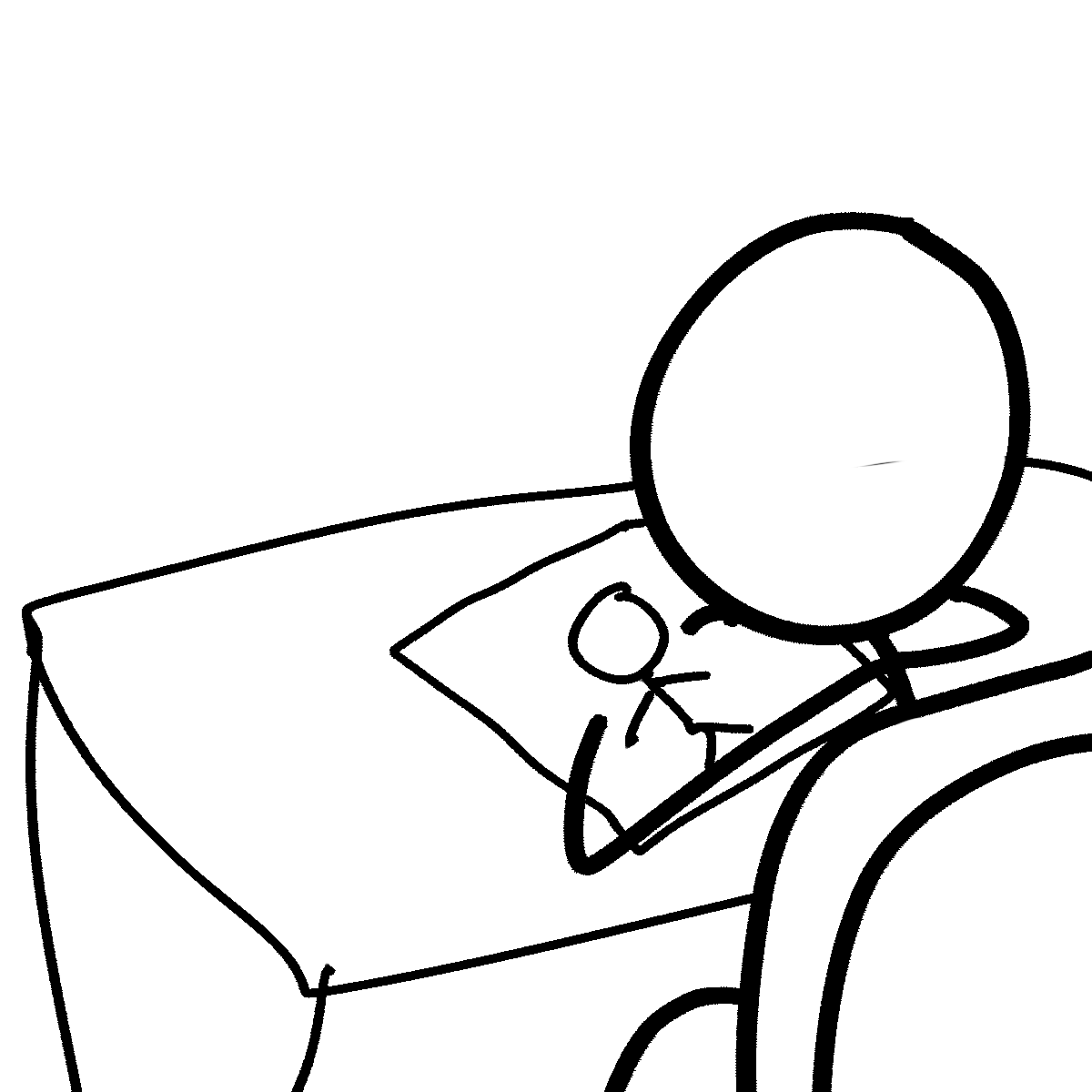 Stickman lying in bed staring at a tiny stickman on the pillow