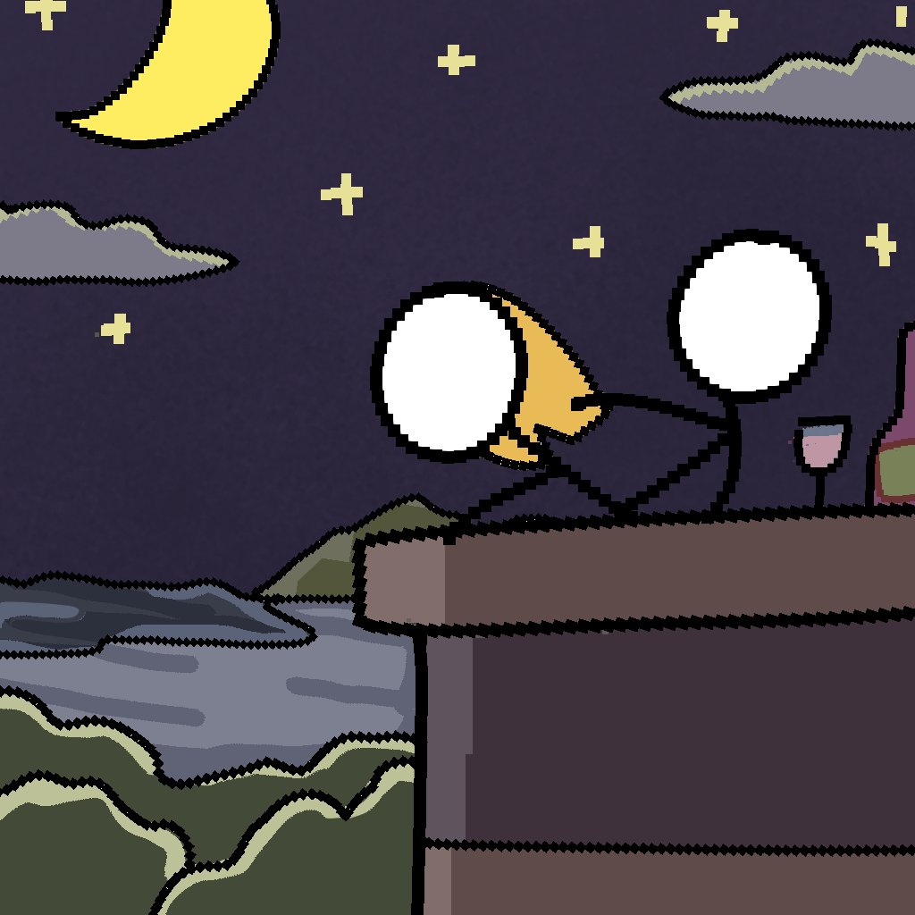Two stickmen sitting on a balcony at night with wine under a crescent moon